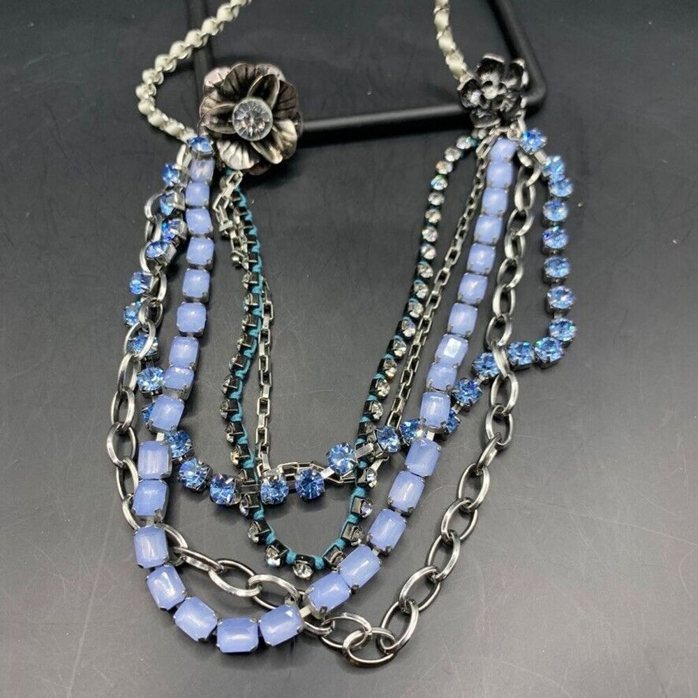 Loft Womens Necklace Silver Multi Strand Blue Beaded Rhinestones Flowers Braided